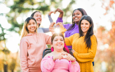 Inspire Inclusion international womens day. Diverse group do heart love with hands. Disability