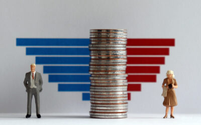 Bar charts and miniature people. The concept of gender wage gap.