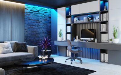 Modern Home Office in living room. Luxury Interior. Work from home concept.