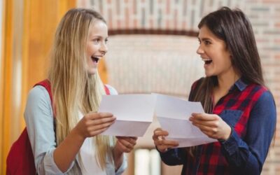 Smiling students looking at results