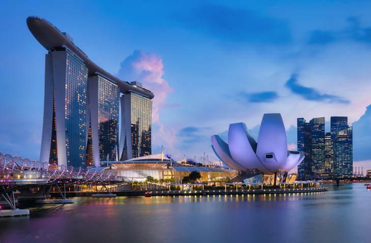 Singapore night city skyline at business district, Marina Bay