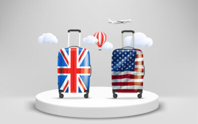 Showcase with travel bags with flags. World travel concept. 3d vector illustration