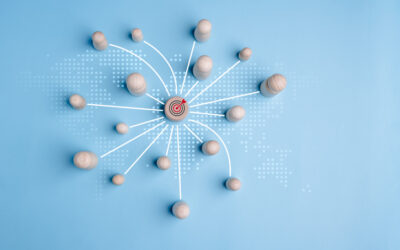 Wooden block with target icon linked with wooden peg dolls connect link for customers focus group, development resource achievement to target, customer relationship management concept