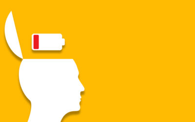 Wellbeing in business: How to help your teams manage stress and burnout Human head with low battery icon on yellow background. Mental health and problems with memory.